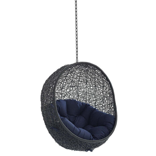 Modway EEI-3635-BLK-NAV Encase Wicker Rattan Outdoor Patio Swing Chair with Hanging Steel Chain in Black Navy