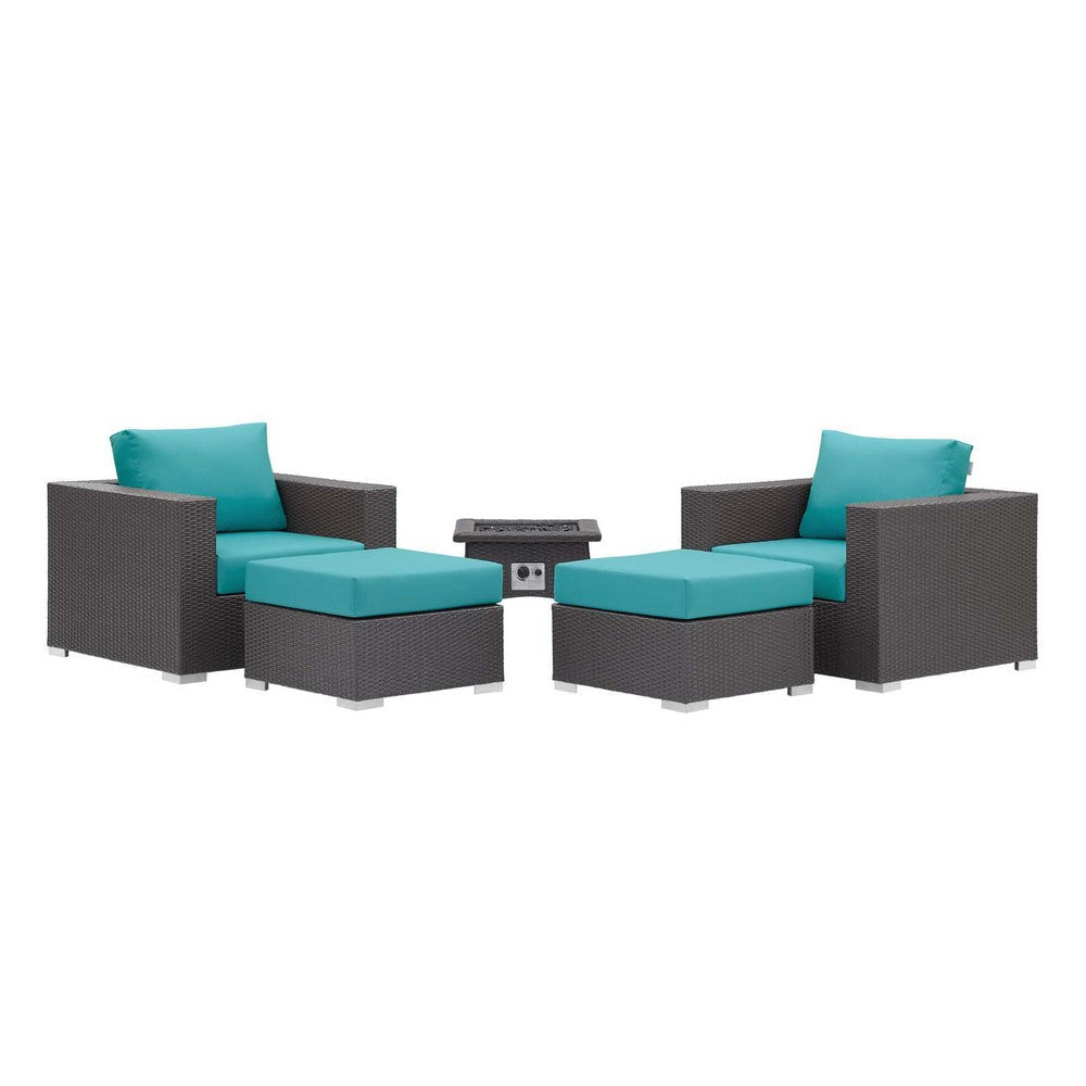 Modway Convene Wicker Rattan 5-pc Outdoor Patio Sectional Set with Fire Pit in Espresso Turquois MDY-EEI-3726-EXP-TRQ-SET