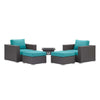 Modway Convene Wicker Rattan 5-pc Outdoor Patio Sectional Set with Fire Pit in Espresso Turquois MDY-EEI-3726-EXP-TRQ-SET