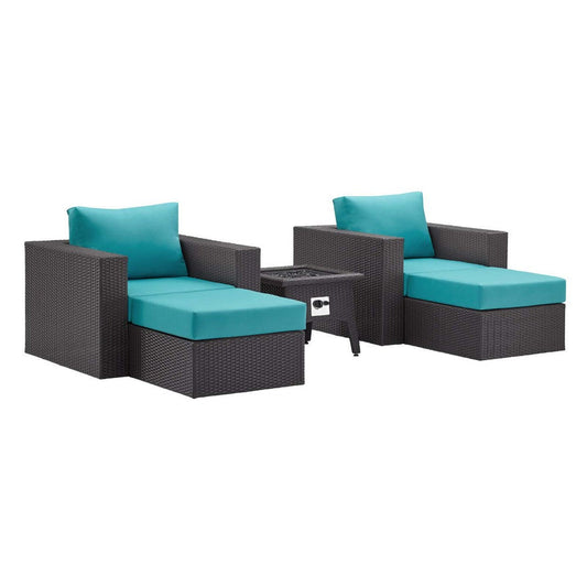 Modway Convene Wicker Rattan 5-pc Outdoor Patio Sectional Set with Fire Pit in Espresso Turquois