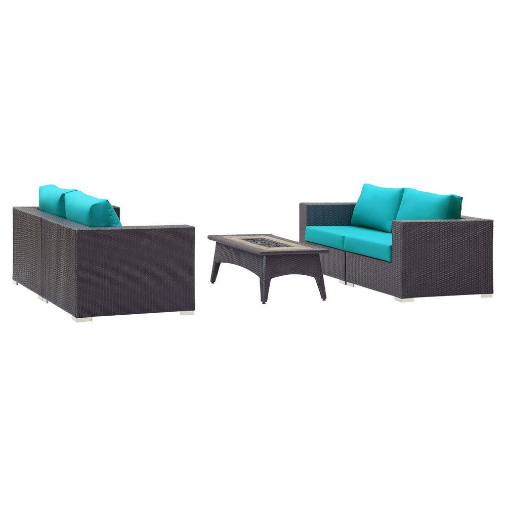 Modway Convene Wicker Rattan 5 Piece Outdoor Patio Sectional Set with Fire Pit in Espresso Turquoise MDY-EEI-3728-EXP-TRQ-SET