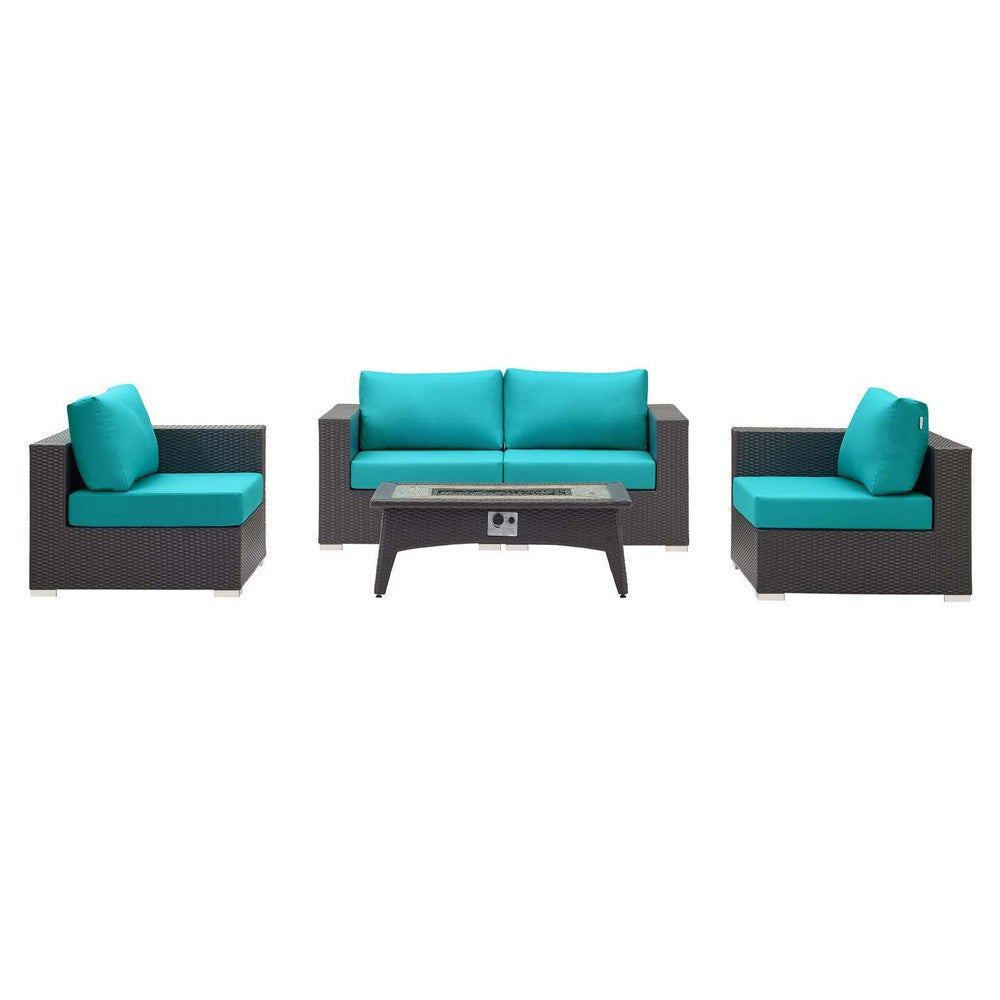 Modway Convene Wicker Rattan 5 Piece Outdoor Patio Sectional Set with Fire Pit in Espresso Turquoise