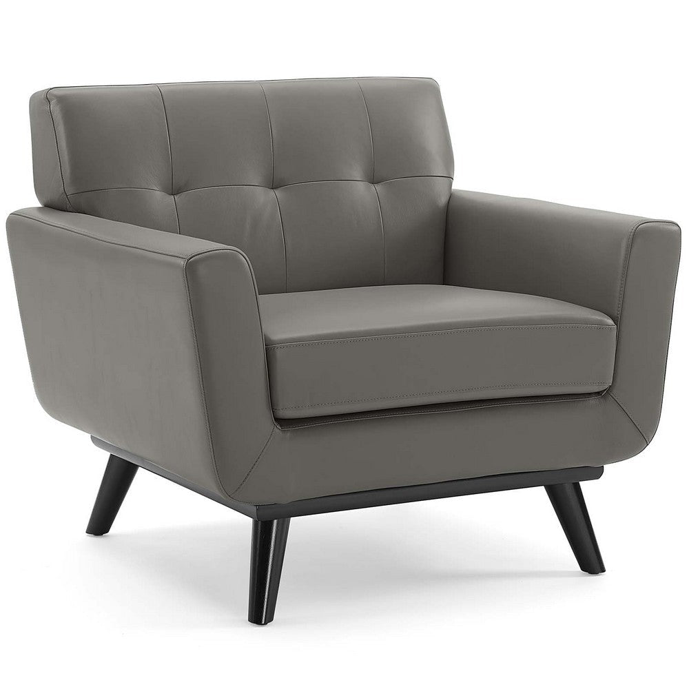 Modway Engage Top-Grain Leather Living Room Lounge Accent Armchair in Gray