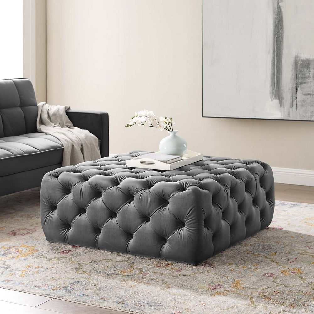 Modway EEI-3774-GRY Anthem Tufted Button Large Square Performance Velvet Ottoman, Gray