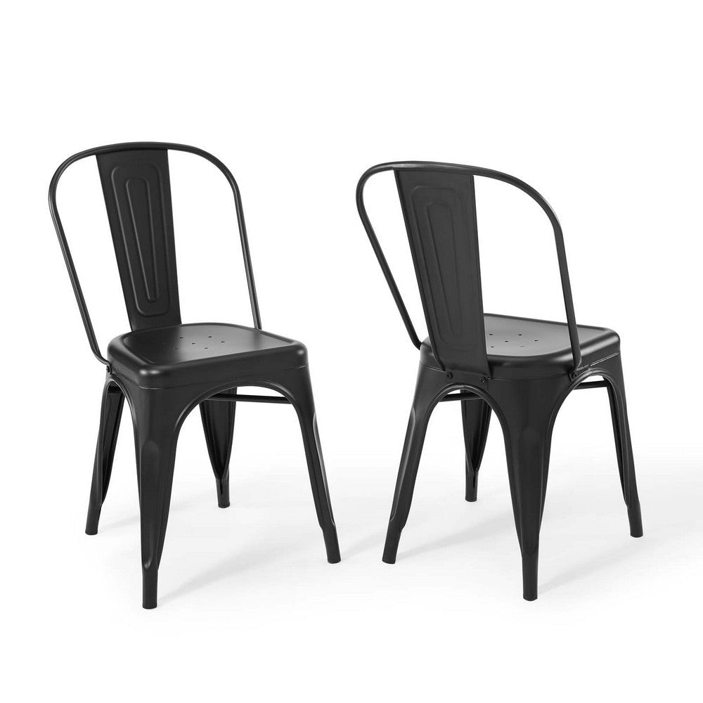 Modway Promenade Industrial Modern Steel Metal Bistro Dining Chairs in Black-Set of 2