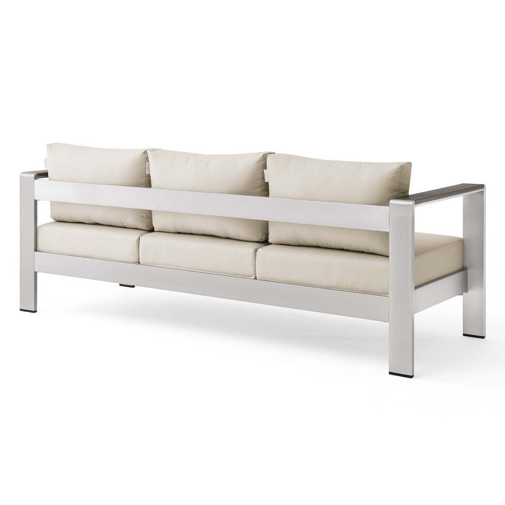 Modway Shore Aluminum Metal Outdoor Patio Sofa With Silver Beige All-Weather Cushions MDY-EEI-3917-SLV-BEI