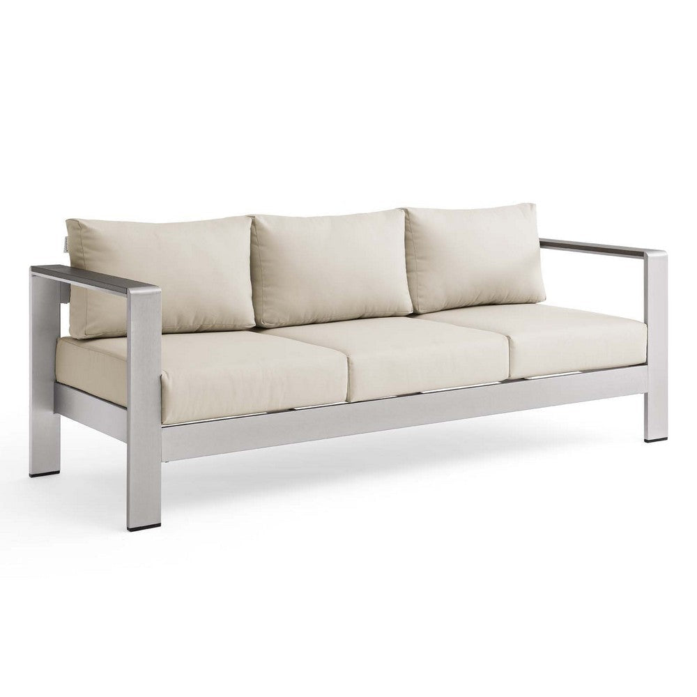 Modway Shore Aluminum Metal Outdoor Patio Sofa With Silver Beige All-Weather Cushions