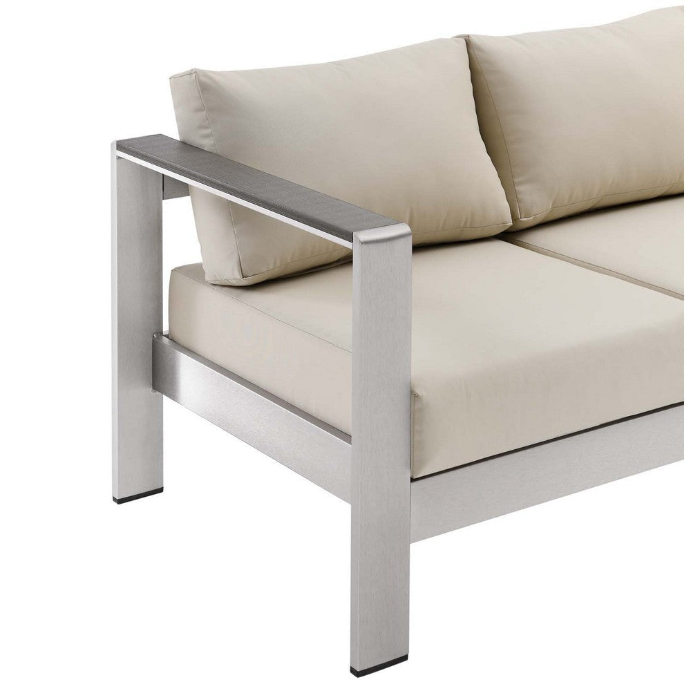 Modway Shore Aluminum Metal Outdoor Patio Sofa With Silver Beige All-Weather Cushions MDY-EEI-3917-SLV-BEI