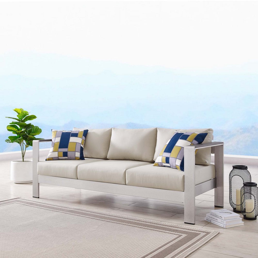 Modway Shore Aluminum Metal Outdoor Patio Sofa With Silver Beige All-Weather Cushions MDY-EEI-3917-SLV-BEI