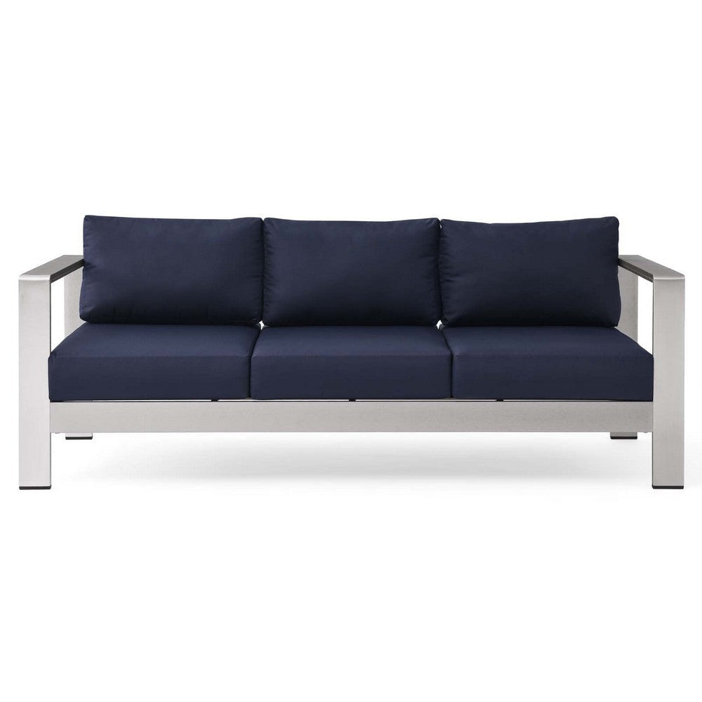 Modway Shore Aluminum Metal Outdoor Patio Sofa With Silver Navy All-Weather Cushions MDY-EEI-3917-SLV-NAV