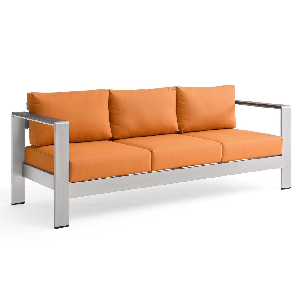 Modway Shore Aluminum Metal Outdoor Patio Sofa With Silver Orange All-Weather Cushions