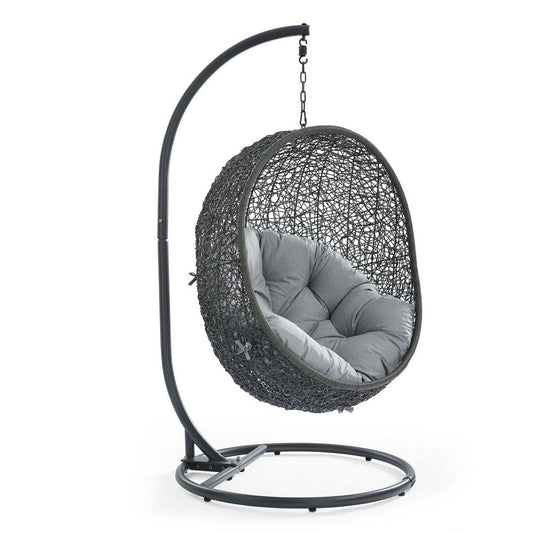 Modway Hide Wicker Rattan Sunbrella® Outdoor Patio Porch Lounge Egg Swing Chair Set with Stand in Gray Gray