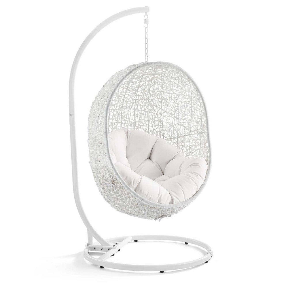 Modway Hide Wicker Rattan Sunbrella® Outdoor Patio Porch Lounge Egg Swing Chair Set with Stand in White White