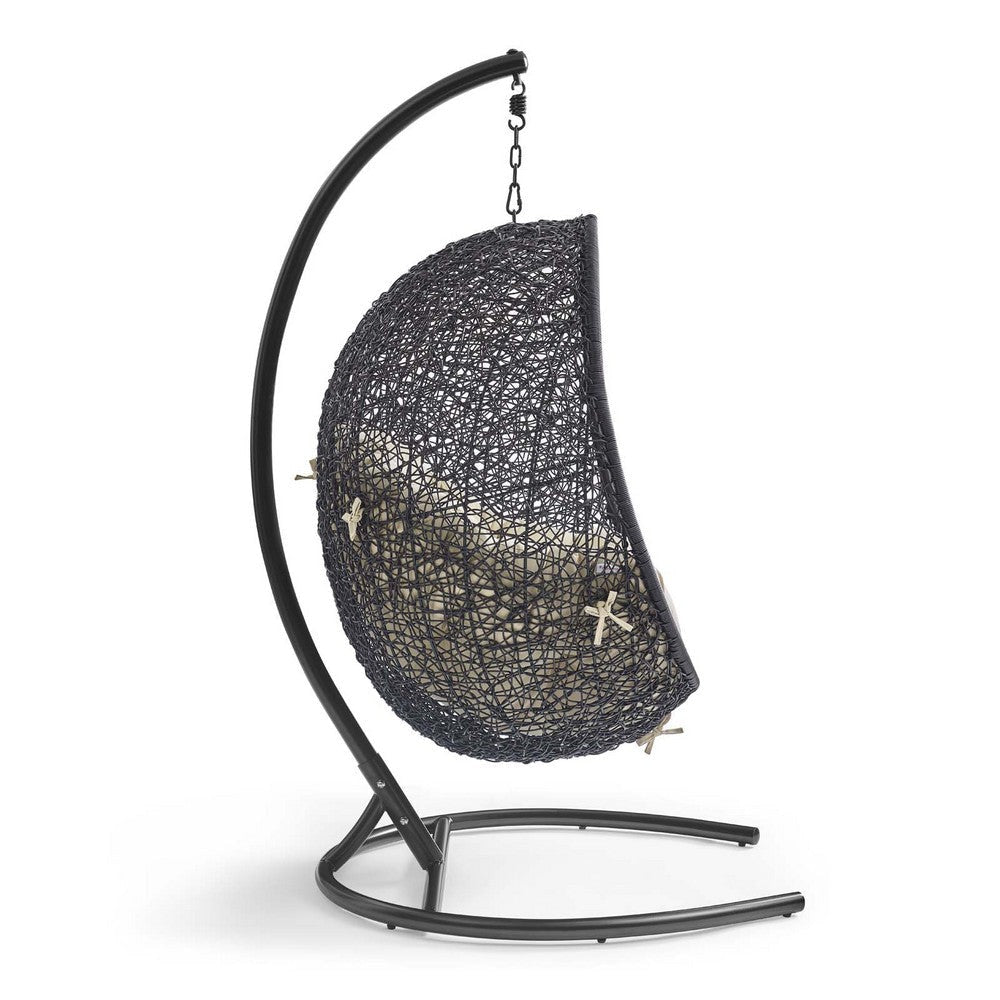 Modway EEI-3943-BLK-BEI Encase Wicker Rattan Outdoor Patio Porch Lounge Sunbrella Egg Swing Chair with Stand in Black Beige