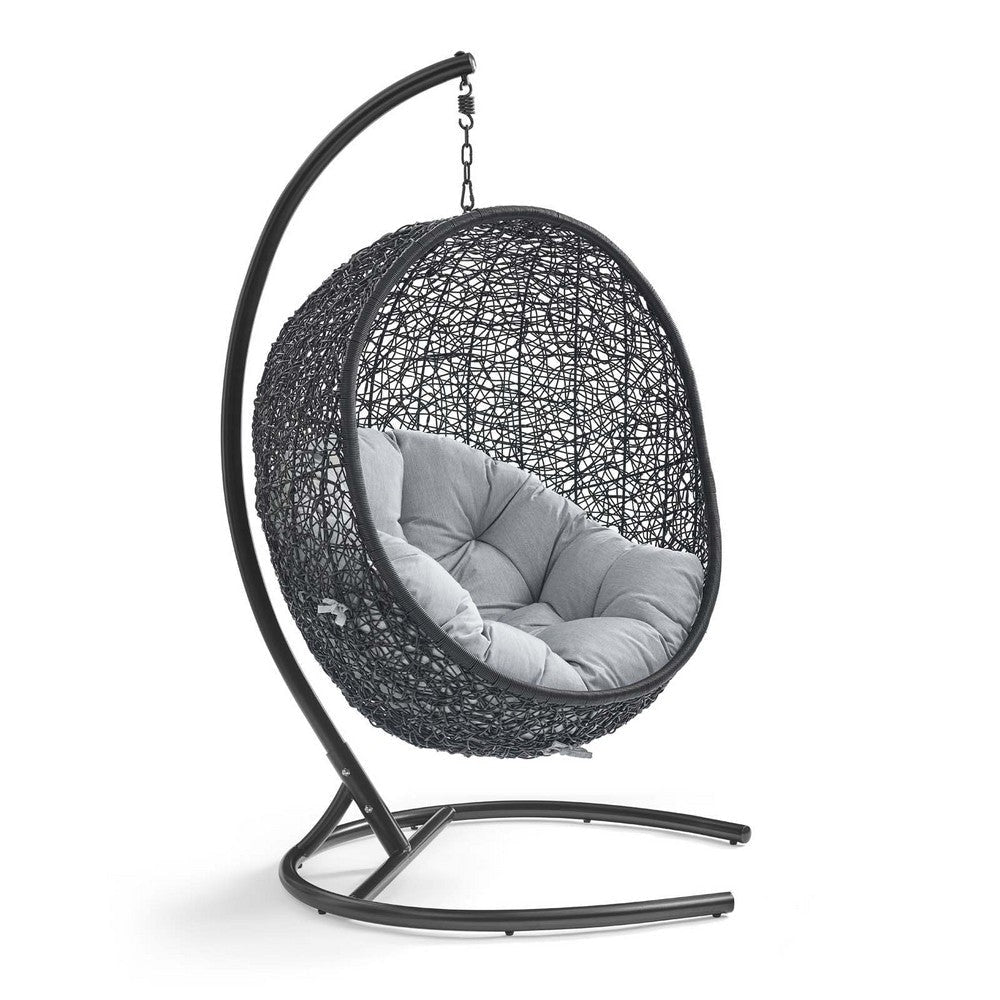 Modway EEI-3943-BLK-GRY Encase Wicker Rattan Outdoor Patio Porch Lounge Sunbrella Egg Swing Chair with Stand in Black Gray