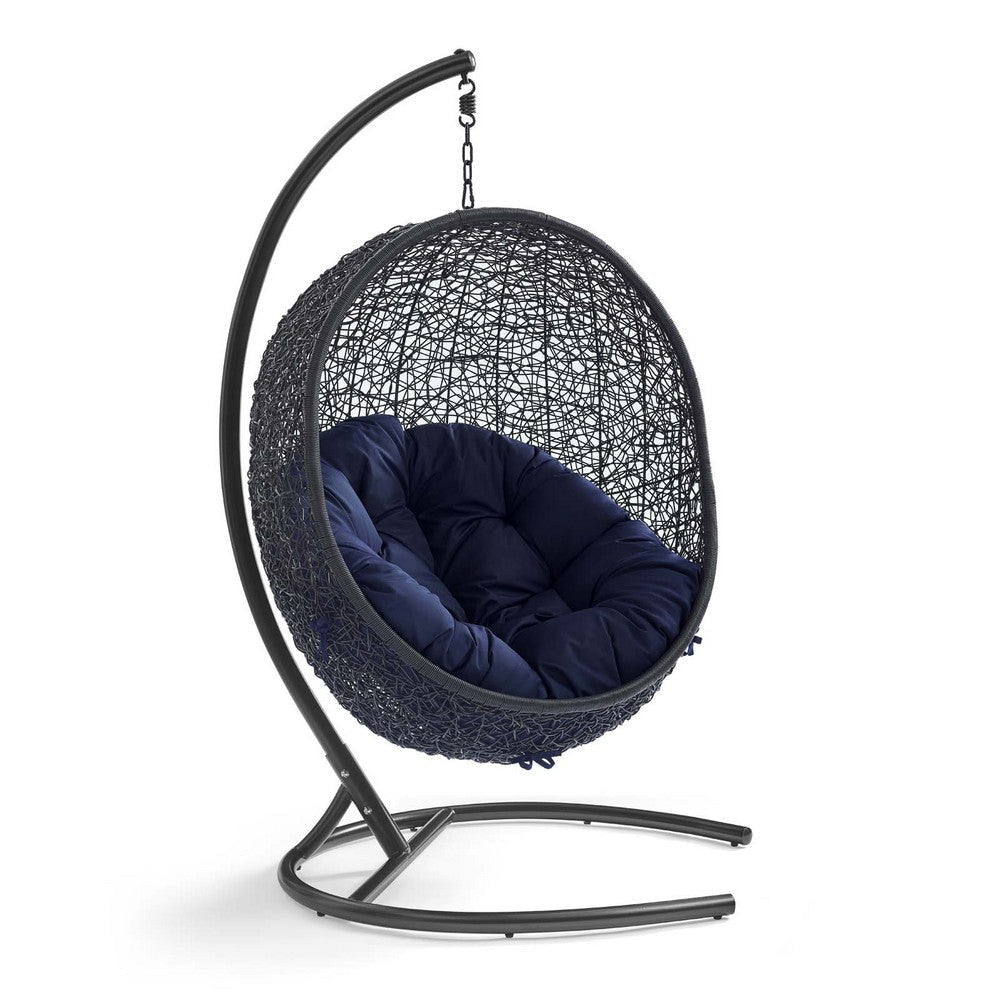 Modway EEI-3943-BLK-NAV Encase Wicker Rattan Outdoor Patio Porch Lounge Sunbrella Egg Swing Chair with Stand in Black Navy