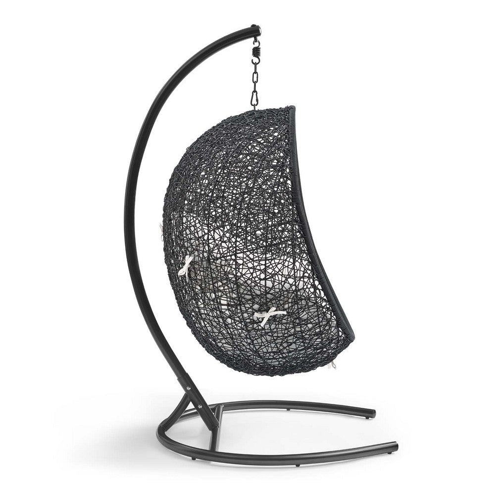 Modway EEI-3943-BLK-WHI Encase Wicker Rattan Outdoor Patio Porch Lounge Sunbrella Egg Swing Chair with Stand in Black White