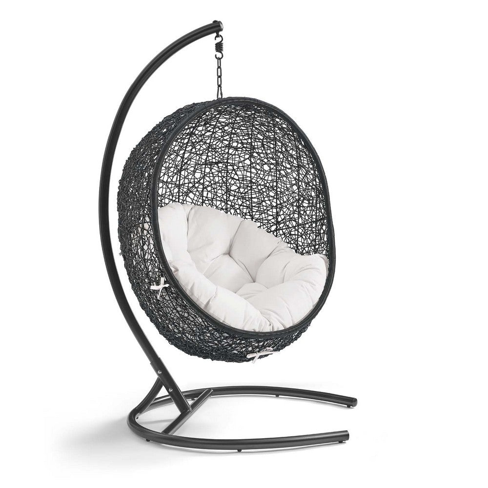 Modway EEI-3943-BLK-WHI Encase Wicker Rattan Outdoor Patio Porch Lounge Sunbrella Egg Swing Chair with Stand in Black White