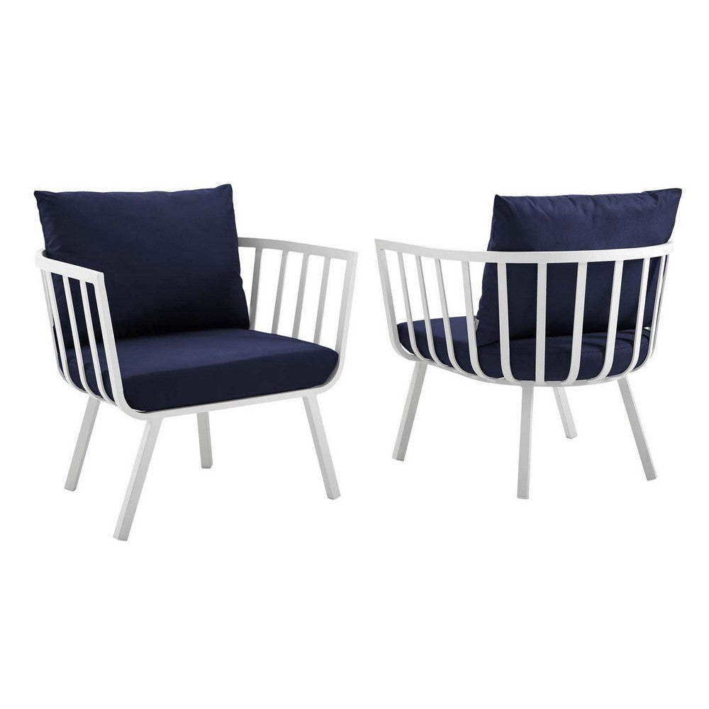 Modway Riverside Modern Fabric Outdoor Armchair in White/Navy (Set of 2)