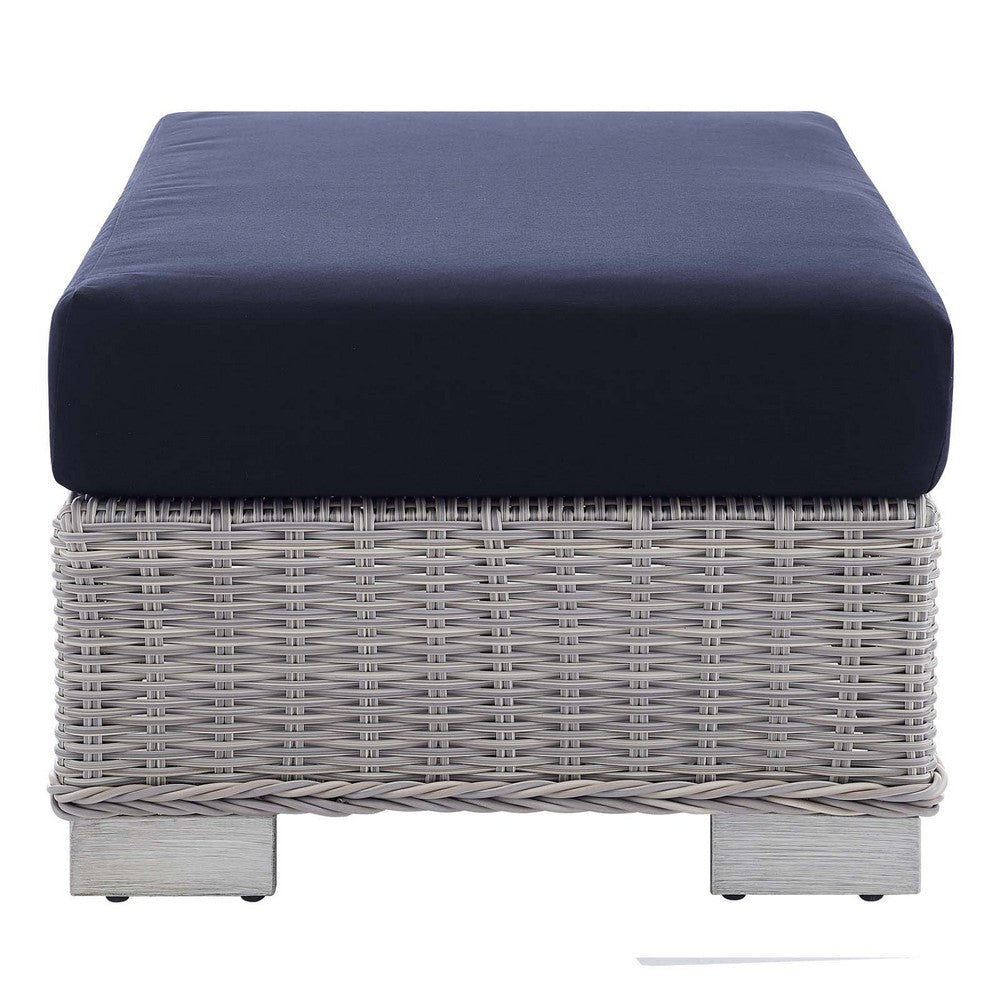 Conway Sunbrella® Outdoor Patio Wicker Rattan Ottoman in Light Gray Navy MDY-EEI-3971-LGR-NAV