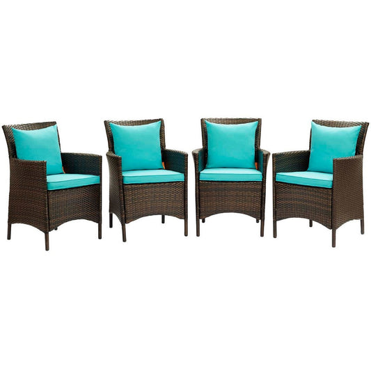 Modway EEI-4031-BRN-TRQ Conduit Outdoor Patio Wicker Rattan Dining Armchair Set of 4, Brown Turquoise