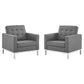 Modway Loft Tufted Upholstered Faux Leather Armchair Set of 2, Silver Gray