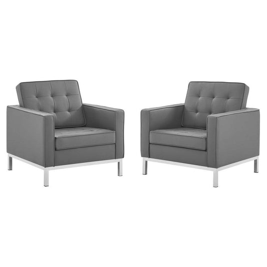 Modway Loft Tufted Upholstered Faux Leather Armchair Set of 2, Silver Gray