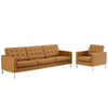 Modway Loft Tufted Upholstered Faux Leather Sofa and Armchair Set, Silver Tan