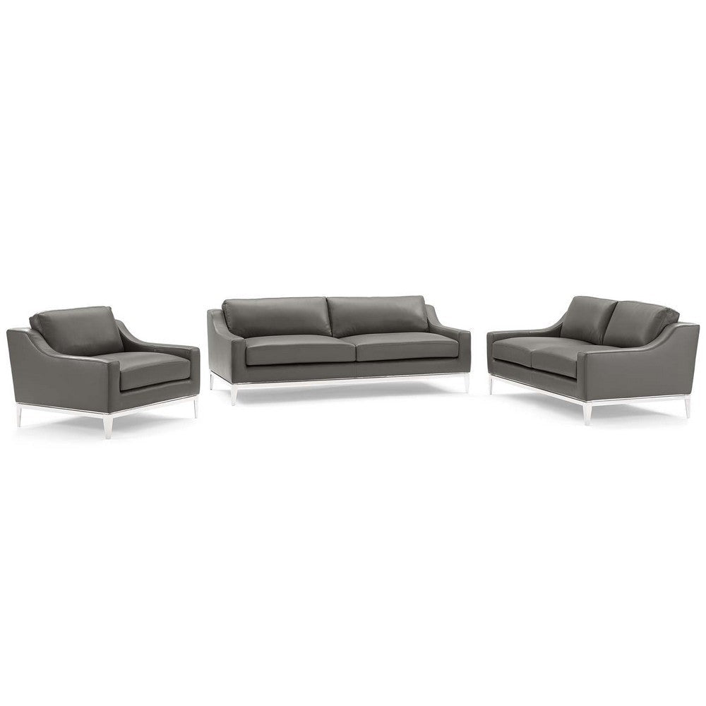 Modway Harness 3 Piece Stainless Steel Base Leather Set in Gray, Armchair/Loveseat/Sofa