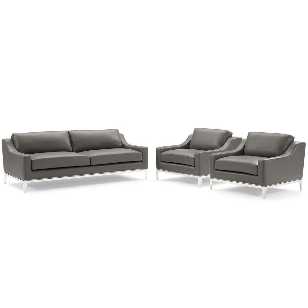 Modway Harness 3 Piece Stainless Steel Base Leather Set in Gray, Sofa & 2 Armchairs