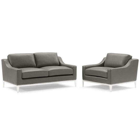 Modway Harness Stainless Steel Base Leather Loveseat & Armchair Set in Gray