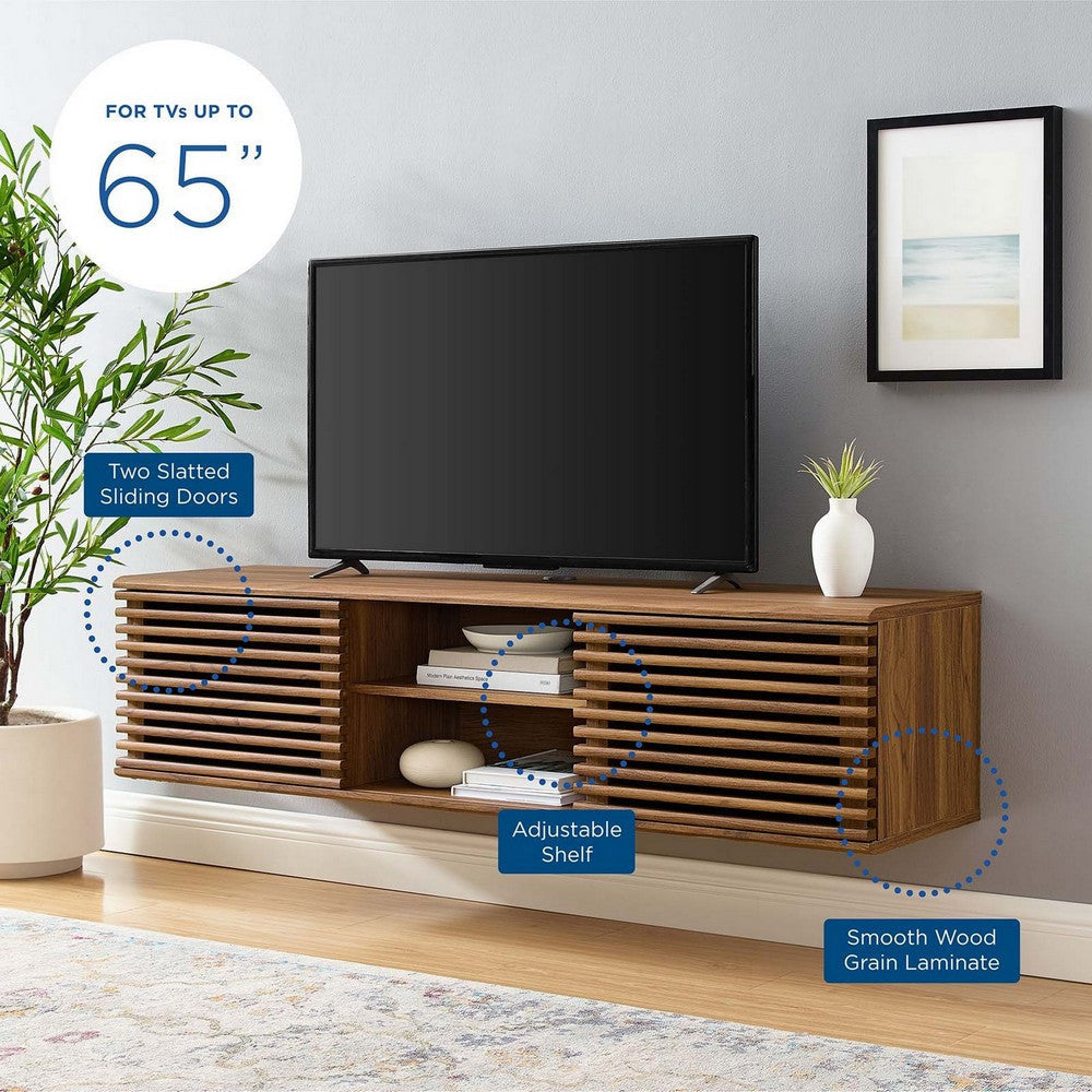 Modway Render 60" Mid-Century Modern Wall Mount Media Console TV Stand, 60 Inch, Walnut