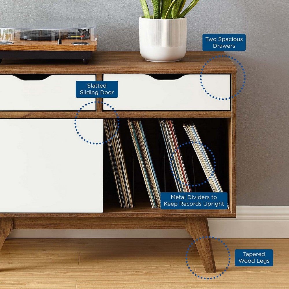 Modway Envision Mid-Century Modern 37" Vinyl Record Display Stand With Drawers, 37 Inch, Walnut White