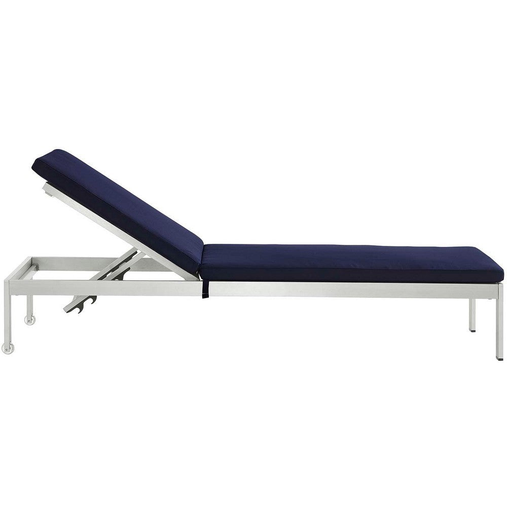 Modway EEI-4502-SLV-NAV Shore Outdoor Patio Aluminum Chaise with Cushions Silver Navy MDY-EEI-4502-SLV-NAV