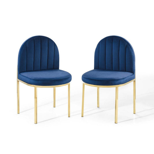 Modway Isla Dining Side Chair Performance Velvet Set of 2 in Gold Navy