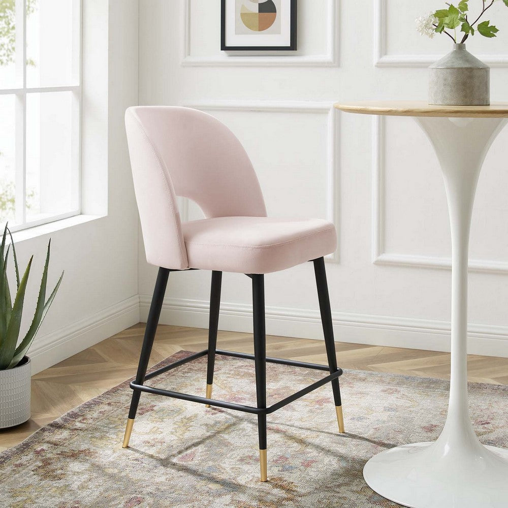 Modway Rouse Performance Velvet Counter Stool in Pink with Black Legs