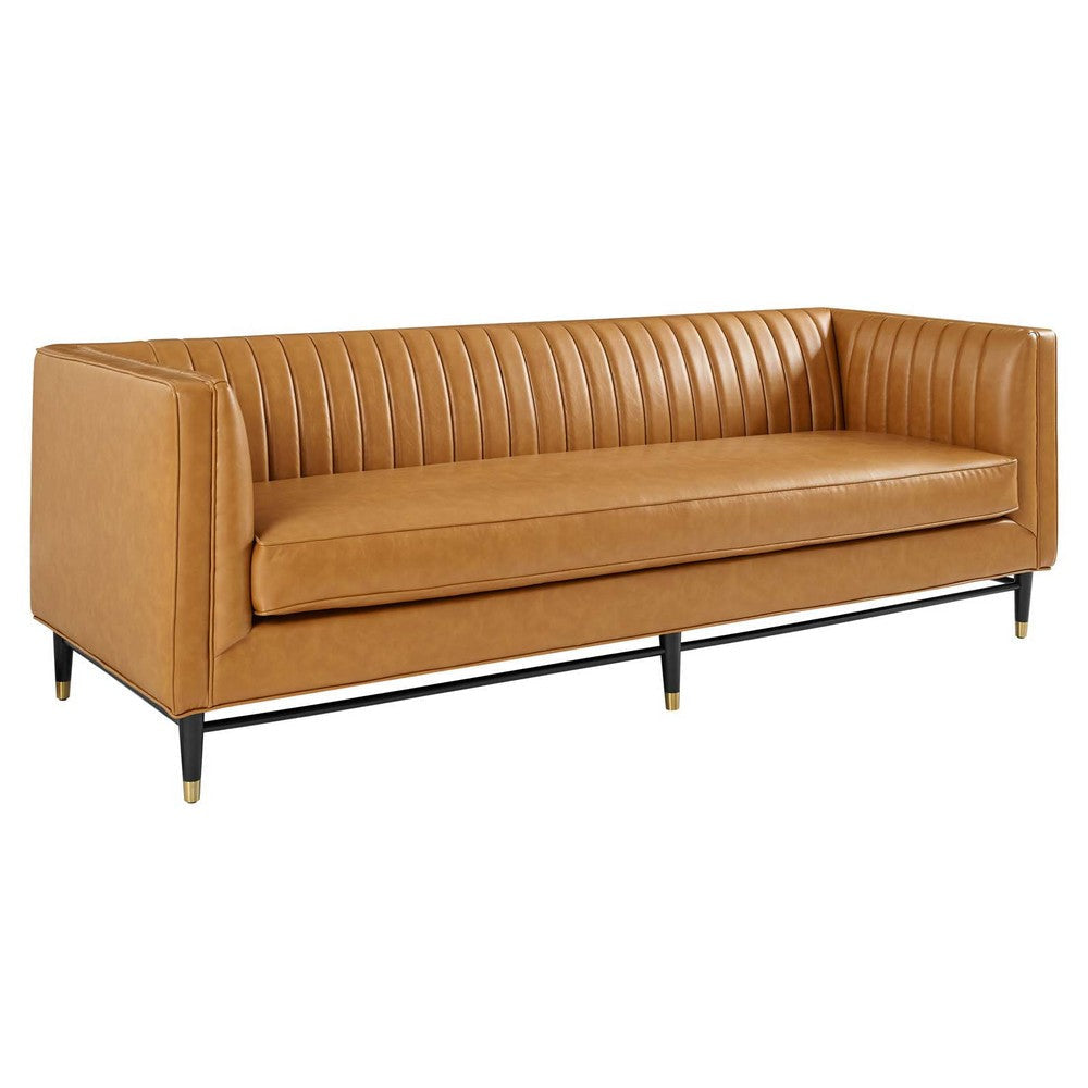 Modway Devote Channel Tufted Vegan Leather Sofa in Tan