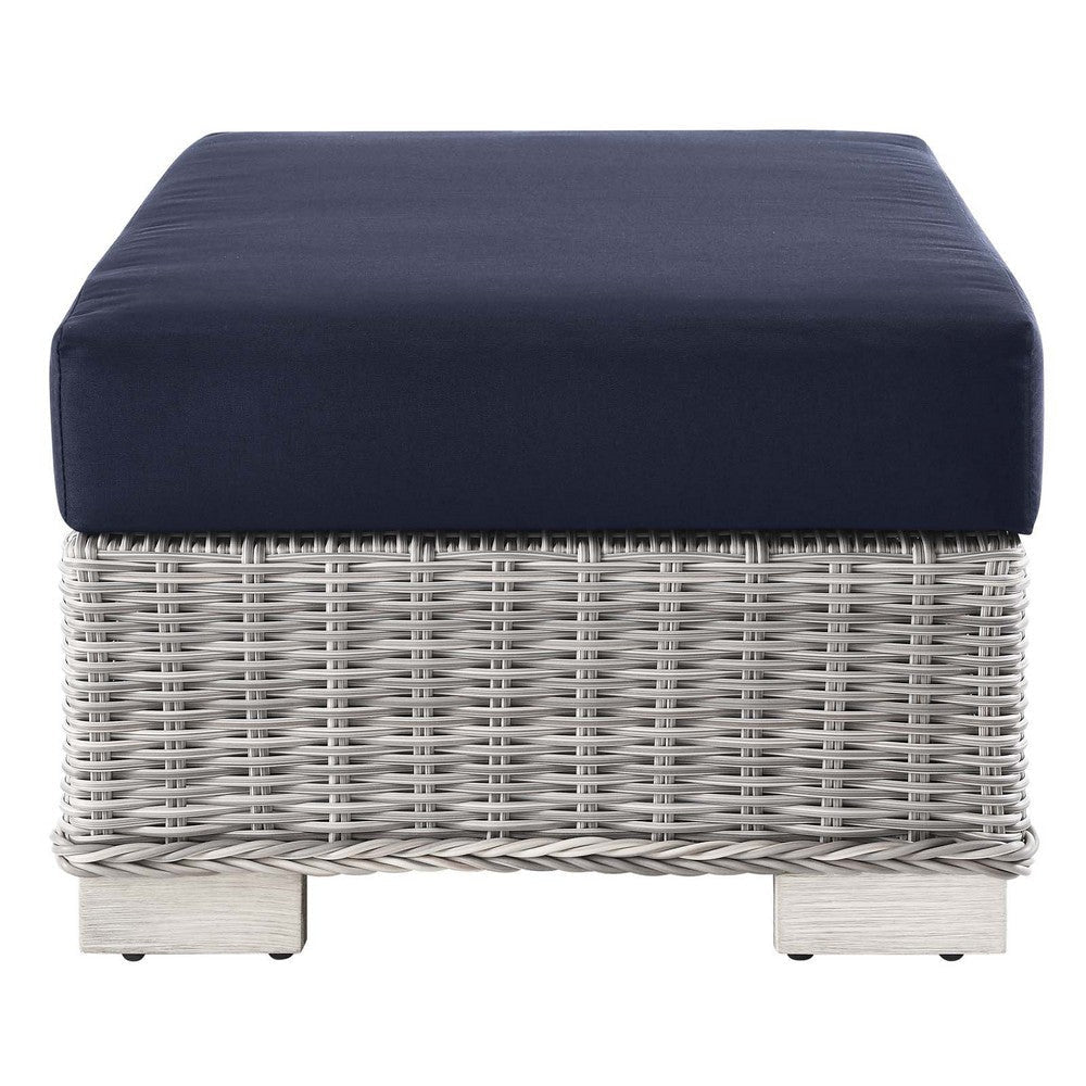 Modway Conway Outdoor Patio Wicker Rattan Ottoman in Light Gray Navy MDY-EEI-4839-LGR-NAV