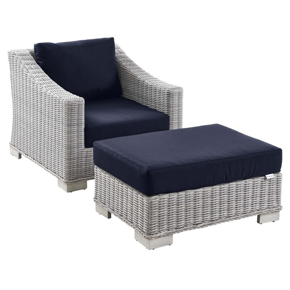 Modway Conway Outdoor Patio Wicker Rattan 2-Piece Armchair and Ottoman Set, Light Gray Navy