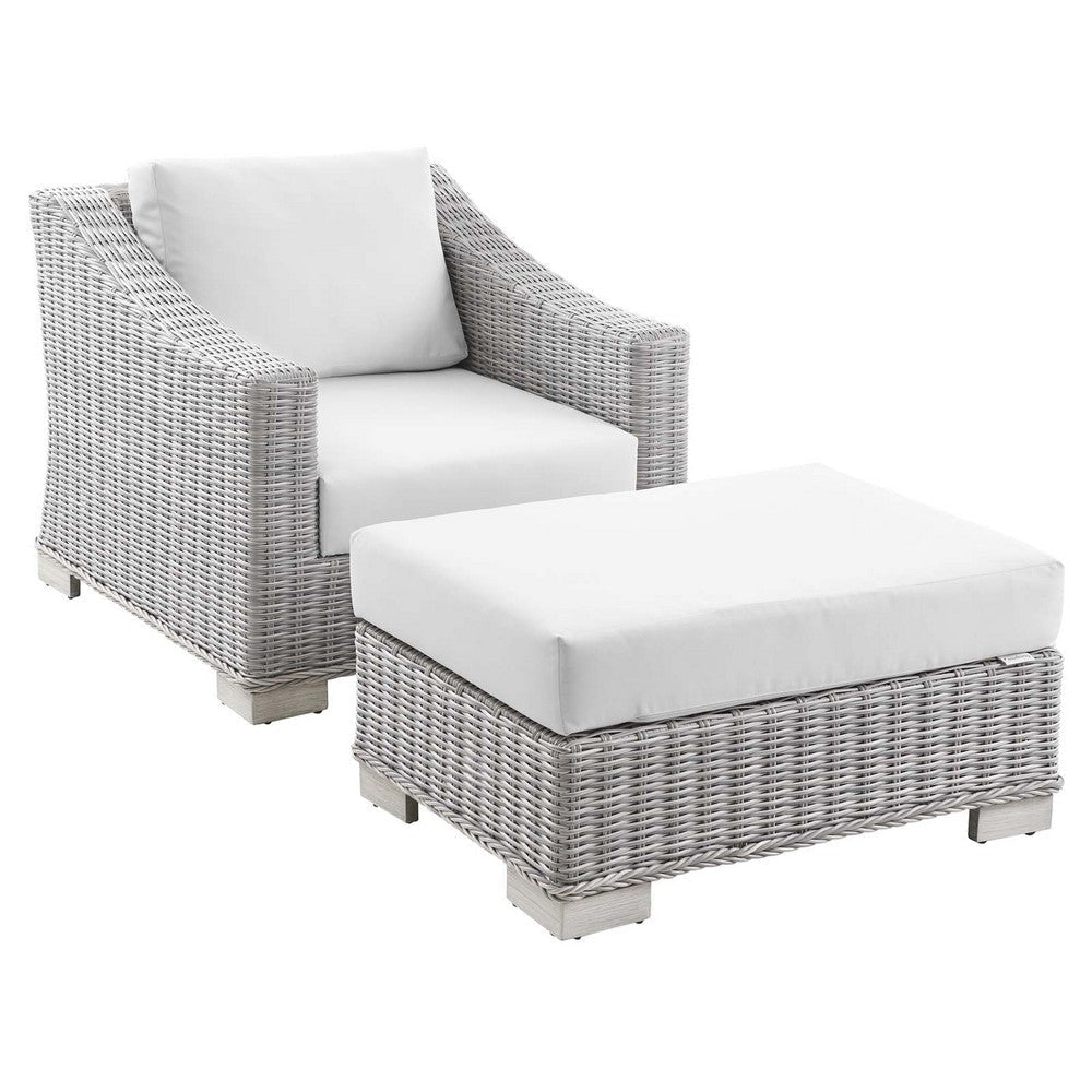 Modway Conway Outdoor Patio Wicker Rattan 2-Piece Armchair and Ottoman Set, Light Gray White