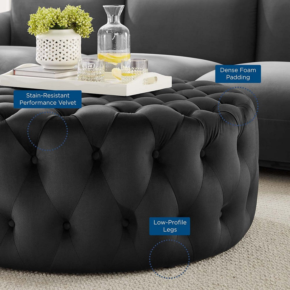 Amour Tufted Button Large Round Performance Velvet Ottoman - No Shipping Charges MDY-EEI-5469-BLK