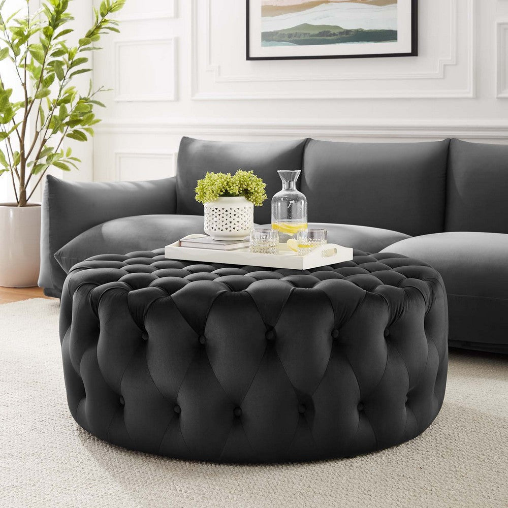 Modway Amour Tufted Button Large Round Performance Velvet Ottoman in Black