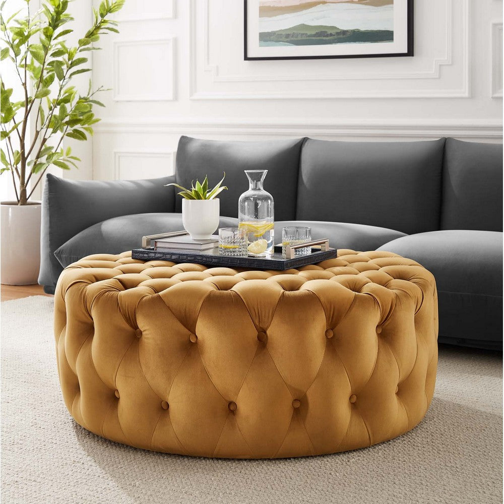 Amour Tufted Button Large Round Performance Velvet Ottoman - No Shipping Charges MDY-EEI-5469-BLK