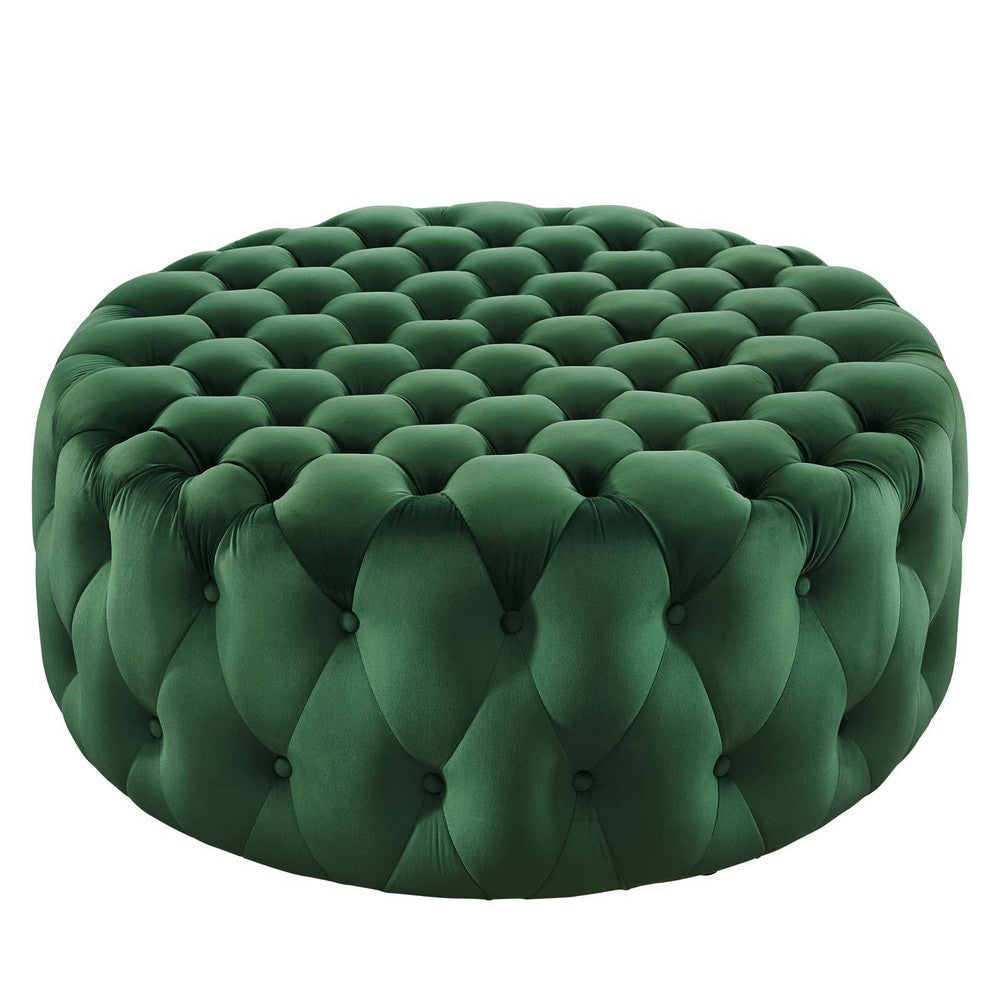 Modway Amour Tufted Button Large Round Performance Velvet Ottoman, Emerald