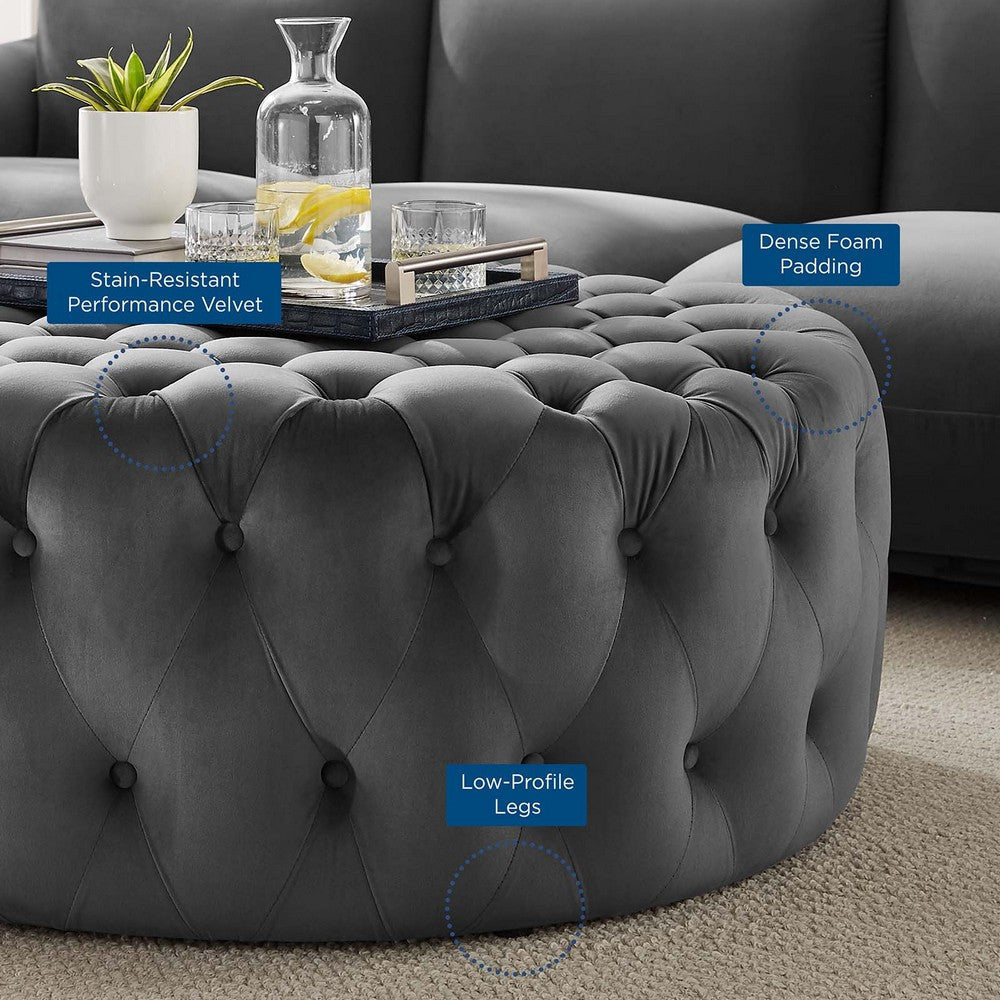 Amour Tufted Button Large Round Performance Velvet Ottoman - No Shipping Charges MDY-EEI-5469-GRY