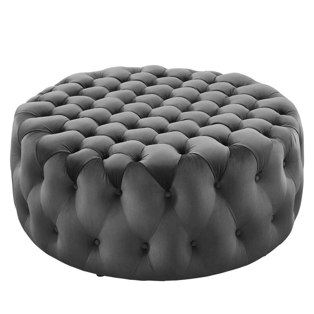 Modway Amour Tufted Button Large Round Performance Velvet Ottoman in Gray