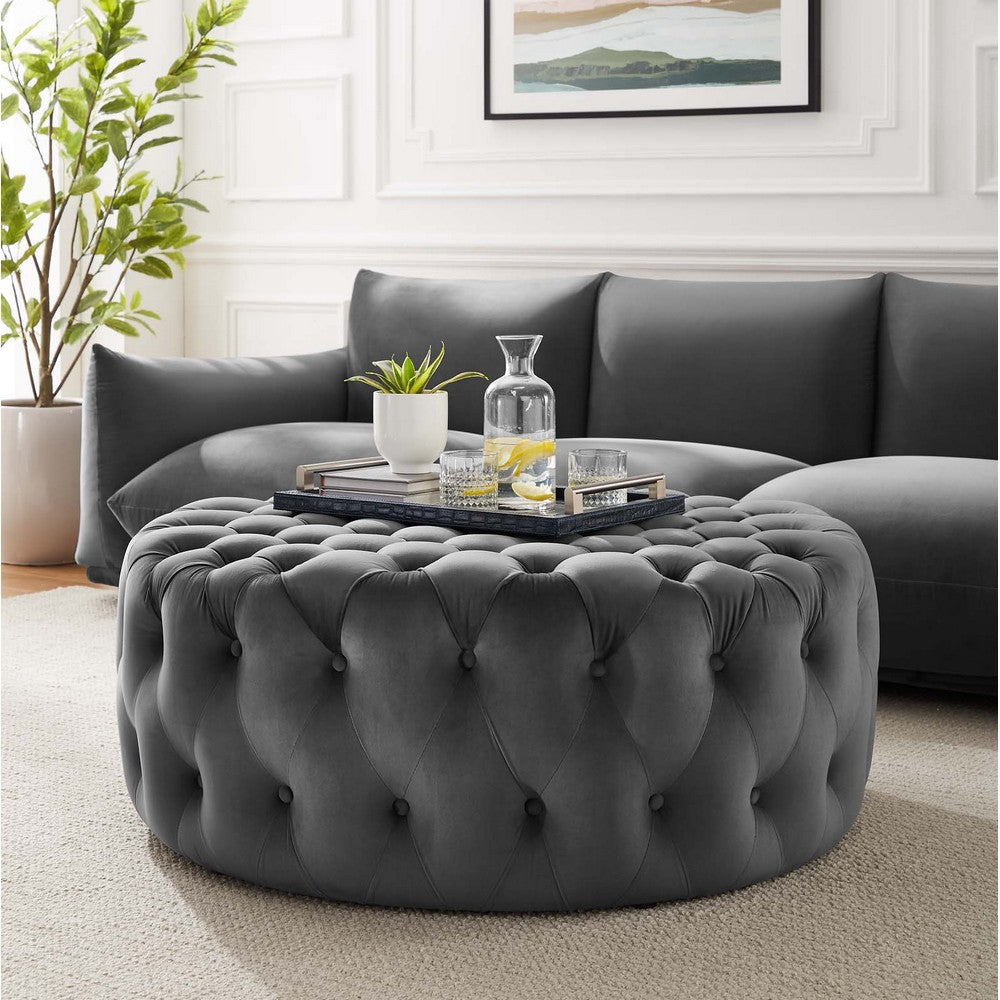 Amour Tufted Button Large Round Performance Velvet Ottoman - No Shipping Charges MDY-EEI-5469-BLK