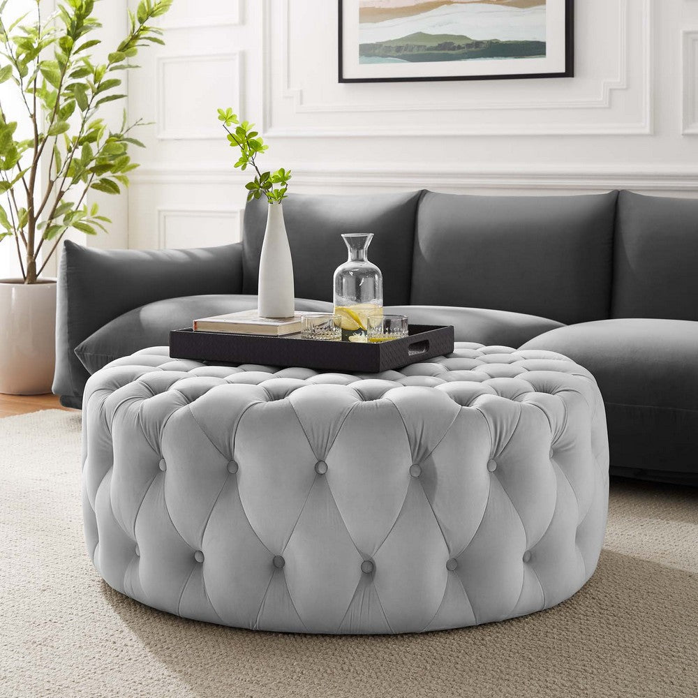 Amour Tufted Button Large Round Performance Velvet Ottoman - No Shipping Charges MDY-EEI-5469-BLK