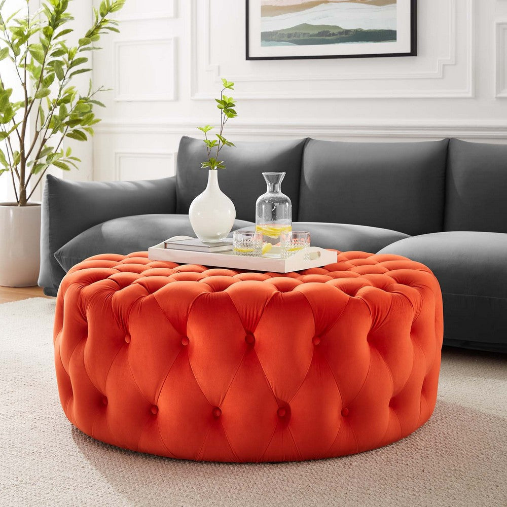 Amour Tufted Button Large Round Performance Velvet Ottoman - No Shipping Charges MDY-EEI-5469-BLK