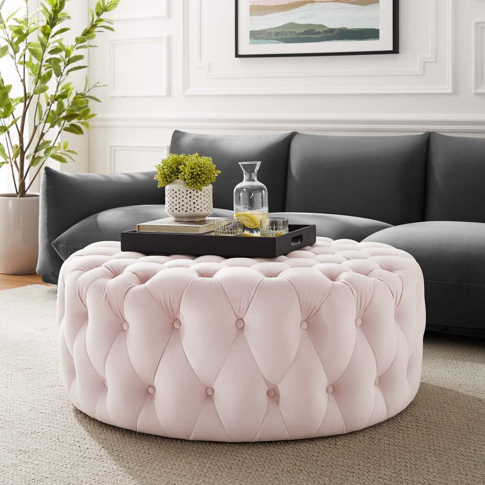 Amour Tufted Button Large Round Performance Velvet Ottoman - No Shipping Charges MDY-EEI-5469-BLK